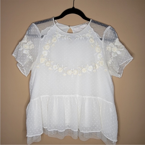 ZARA Short Sleeve Swiss Dot Sheer Tulle Blouse with Embroidered Flowers Medium - Picture 4 of 8
